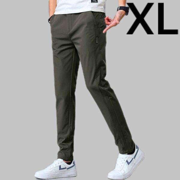 メンズ パンツ ダークグリーン XL アイスシルク ストレッチ 伸縮性 オフィスカジュアル スマート ゴルフ スポーツ 登山 釣り 通勤 人気