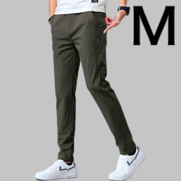 メンズ パンツ ダークグリーン M アイスシルク ストレッチ 伸縮性 オフィスカジュアル スマート 履き心地 高品質 人気 スポーツ ゴルフ