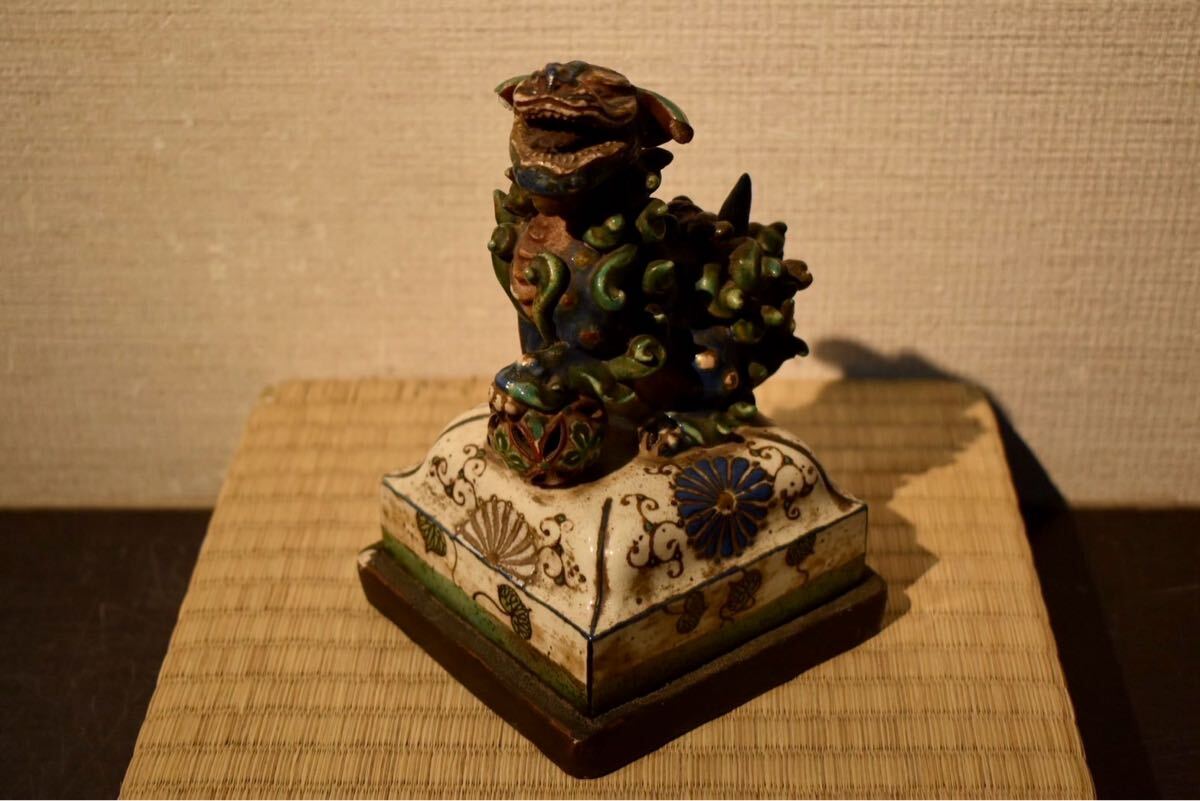 薩摩焼 古薩摩 色絵金彩 扇窓絵鳳凰獅子花文瓶 壷 高さ