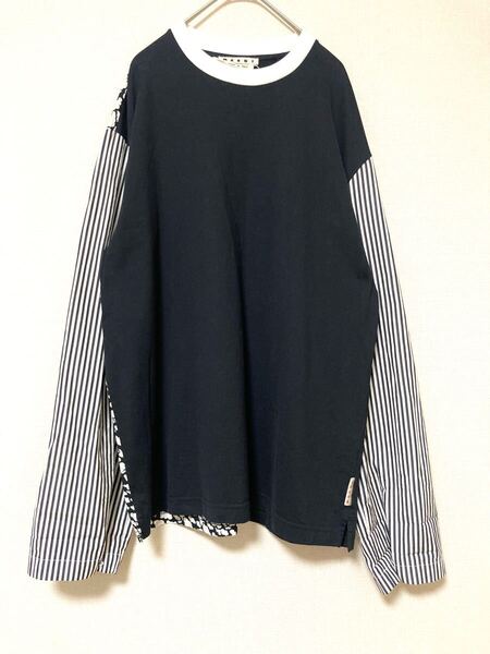 マルニ marni ストライプシャツ 切り替え 総柄 ロンt メンズ ロゴ プリント 長袖 ブラック 黒 アシンメトリー カットソー 46