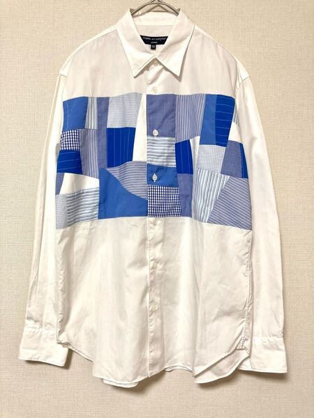 コムデギャルソンオム COMME des GARCONS HOMME パッチワーク ストライプ チェック 長袖 シャツ メンズ ホワイト ブルー XS