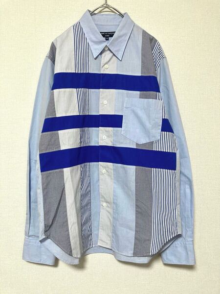 コムデギャルソンオム COMME des GARCONS HOMME パッチワーク ストライプ チェック 長袖 シャツ メンズ ブルー S トップス