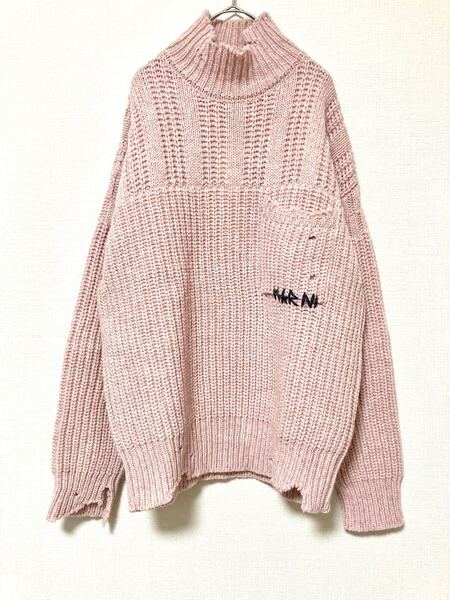 マルニ marni 24AW ハイネック ダメージ ウール ニット セーター デストロイ 長袖 ローゲージ ピンク トップス ユニセックス 46
