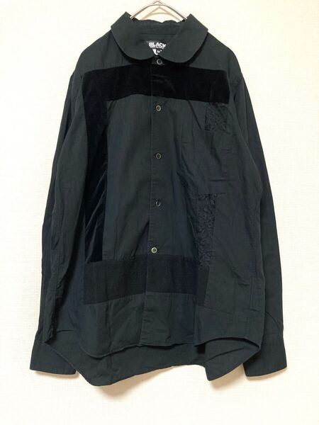 ブラックコムデギャルソン BLACK COMME des GARCONS パッチワーク 長袖 シャツ メンズ 黒 レース 丸襟 異素材 トップス M