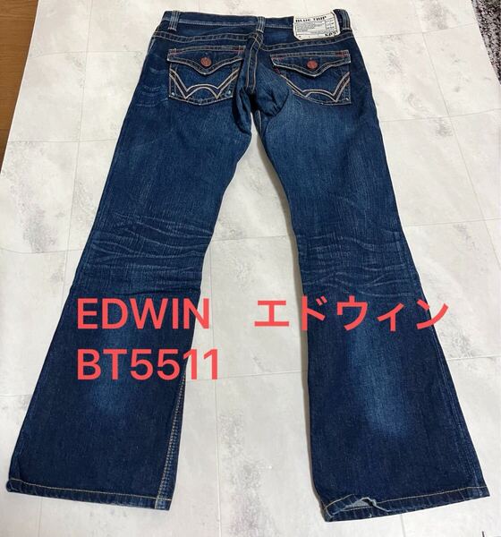 濃紺 EDWIN エドウィン BT5511 503 USED加工 フラップ ブーツカット フレア デニム ジーンズ S 日本製