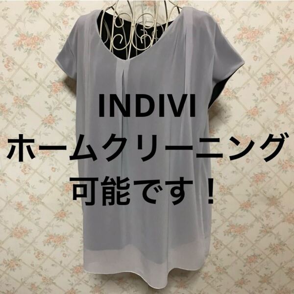 ★INDIVI/インディヴィ★極美品★半袖カットソー38(M.9号)グレー ブラック 黒 無地 シフォン素材 夏 プルオーバー トップス