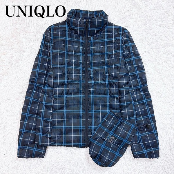 〇 UNIQLO ユニクロ ウルトラ ライトダウン ジャケット ギンガムチェック ネイビー 紺 ブルー 青 サイズ S レディース