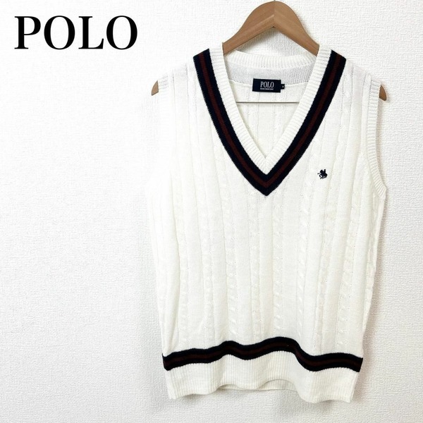 〇 POLO BCS ポロ・ビーシーエス ケーブルニット Vネック ベスト 刺繍 M メンズ オフホワイト 白 毛 ウール