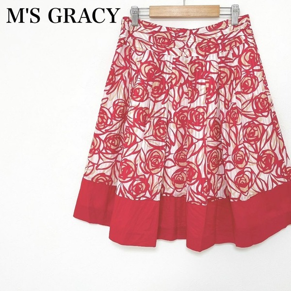 ◇ M’S GRACY エムズグレイシー スカート ひざ丈 花柄 サイズ 38 M 綿 コットン 白 ホワイト 赤 レッド 薄茶 ベージュ