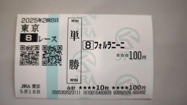 東京競馬場 東京8R フォルラニーニ 現地的中単勝馬券 匿名配送