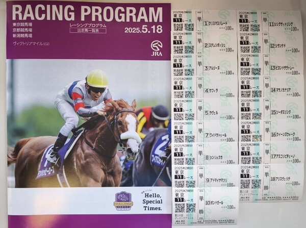【2025.5.18 第20回ヴィクトリアマイル】出走全頭 現地単勝馬券&レーシングプログラム☆優勝アスコリピチェーノ☆JRA 匿名配送