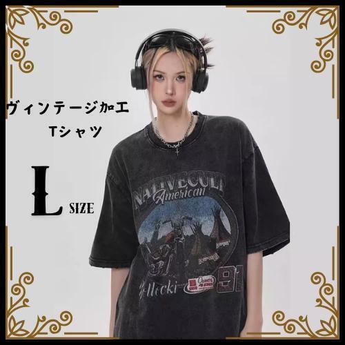 I14 ヴィンテージ プリント 男女兼用 Tシャツ ブラック L 半袖 レトロ