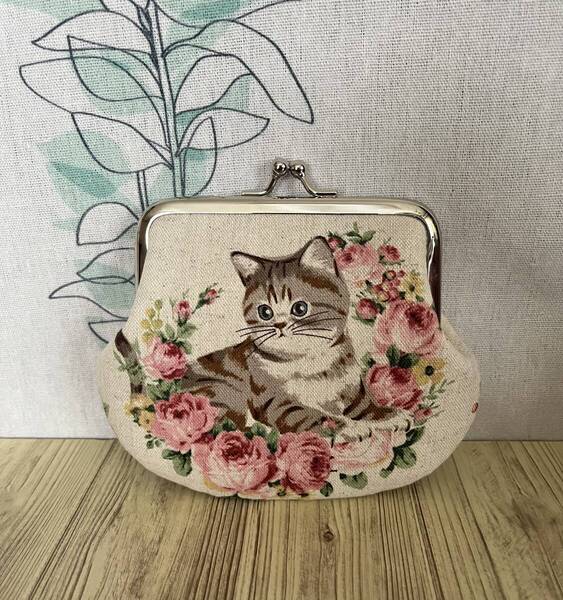 がま口 ポーチ / 財布 / 小物入れ / ハンドメイド☆猫&花・2