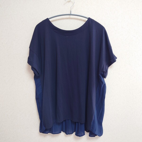 レディース 半袖トップス ネイビー 紺色 ドレープデザイン Lサイズ カットソー Tシャツ 半袖 ブラウス