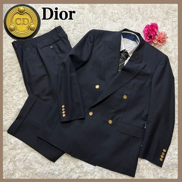 【美品】クリスチャンディオール ムッシュ Christian Dior MONSIEUR スーツ セットアップ 金 ロゴ モヘア ダブル 紺 (250419-ss-3)