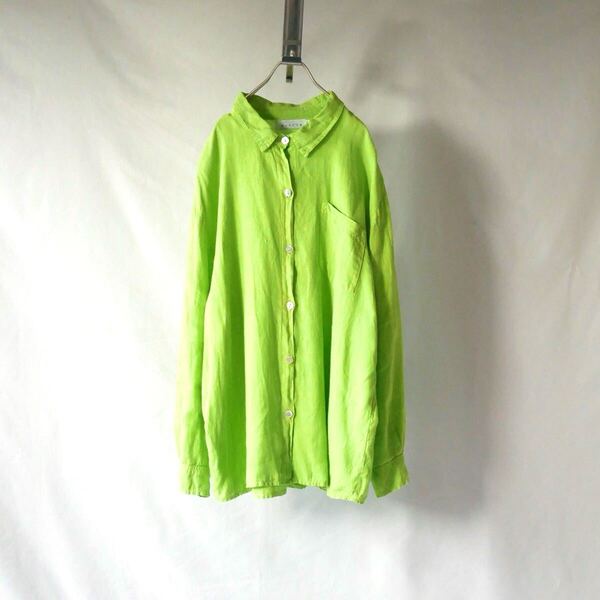 Made in USA limegreen 100%linen shirt アメリカ製 ライムグリーン 100%リネン 大きめサイズ シャツ 長袖 古着 ビタミンカラー