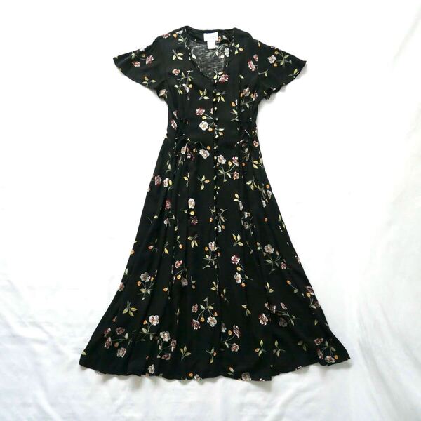 Black floral rayon maxi onepiece 黒花柄 サイド編み上げ レーヨン フレア マキシワンピース 古着 ワンピース 半袖ワンピース