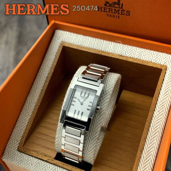 箱&保証書付 エルメス/HERMES タンデム TA1.210 ホワイトフェイス QZ レディース腕時計 シルバー 銀 レザー 純正ベルト 動作良好