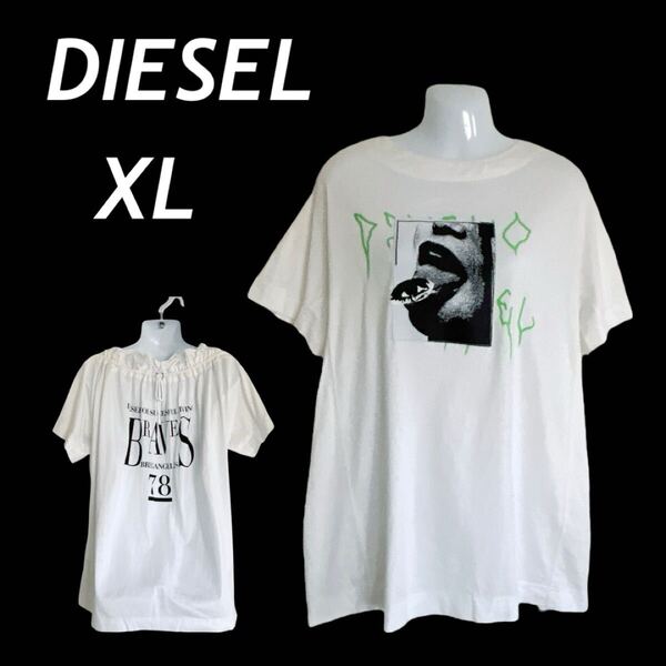 DIESEL ディーゼル レディース 半袖カットソー XL プリント チュニック RN 93243 CA 25594 ギャザーネック リボン ホワイト系 (E046)★