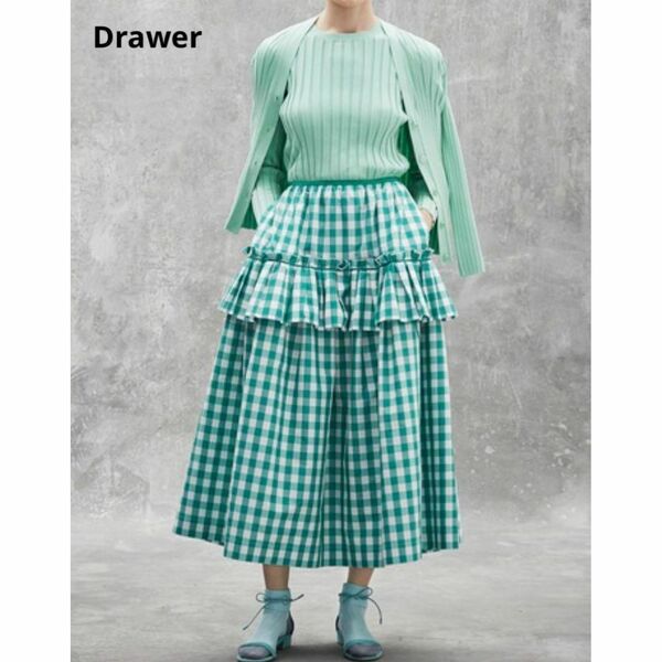 美品 ドゥロワー グリーンチェックスカート ギンガムチェック ティアード フリル 36