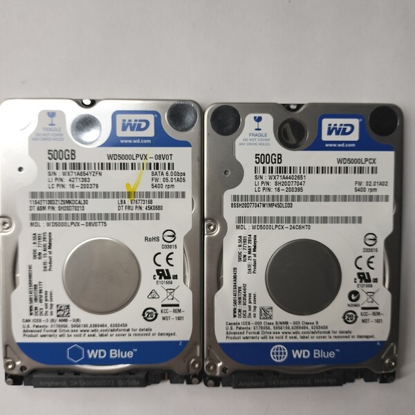 ★送料無料★WD 500GB 2個セット 2.5 SATA HDD 正常品 Y72