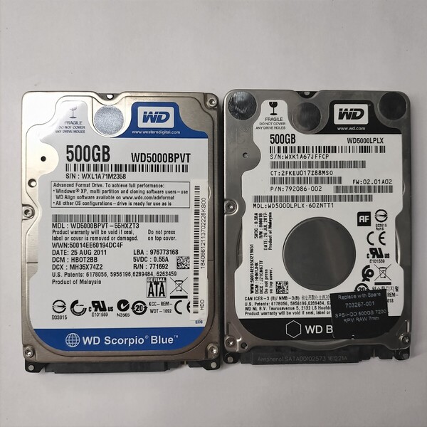 ★送料無料★WD 500GB 2個セット 2.5 SATA HDD 正常品 Y74
