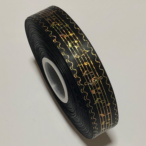1巻 約43m 幅25mm 2.5㎝ 箔押し サテンリボン 音符 黒