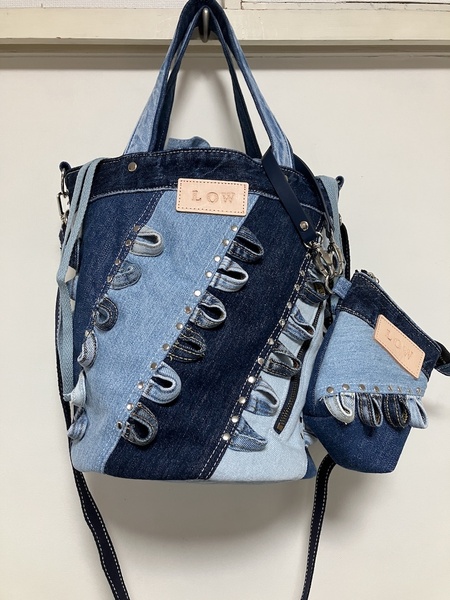 デニムリメイクバッグ ハンドメイド LOW オリジナル 丸底巾着仕様ショルダーバッグ ベルトループ ドローストリング B