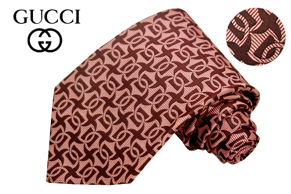 N-2907★送料無料★GUCCI グッチ★正規品 小剣GGロゴ イタリア製 ピンク ワイン パターン柄 豪華な織り生地 絹 シルクネクタイ