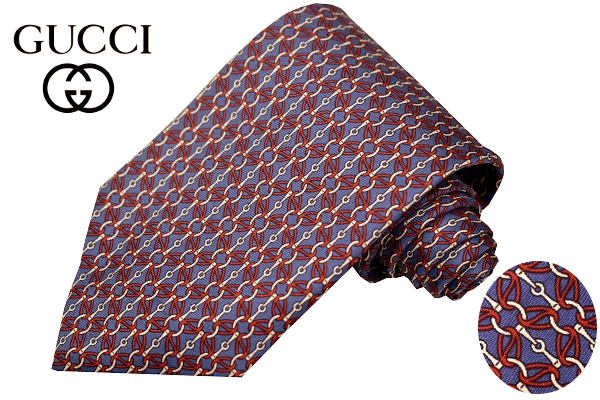 N-2911★送料無料★超美品★GUCCI グッチ★レトロ イタリア製 ヴィンテージ ネイビーベース チェーンパターン柄 絹 シルクネクタイ