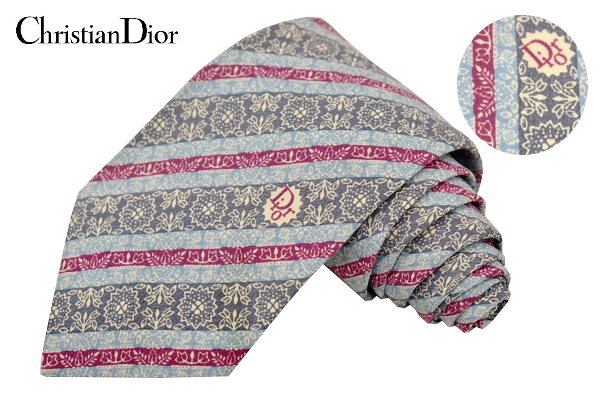 N-2926★送料無料★Christian Dior クリスチャンディオール★80sフランス製 ヴィンテージ 薄ブルー系 ロゴ レジメンタル 花 シルクネクタイ