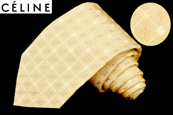 N-2939★送料無料★超美品★CELINE セリーヌ★イタリア製 シャンパンゴールド トリオンフ マカダム ロゴ 豪華光沢織り生地 シルクネクタイ