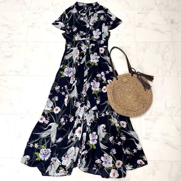 美品 ZARA WOMAN ザラウーマン 鶴 花柄 ロングシャツワンピース 半袖 マキシ丈 和柄 ゆったり 春夏 濃紺 ネイビー S
