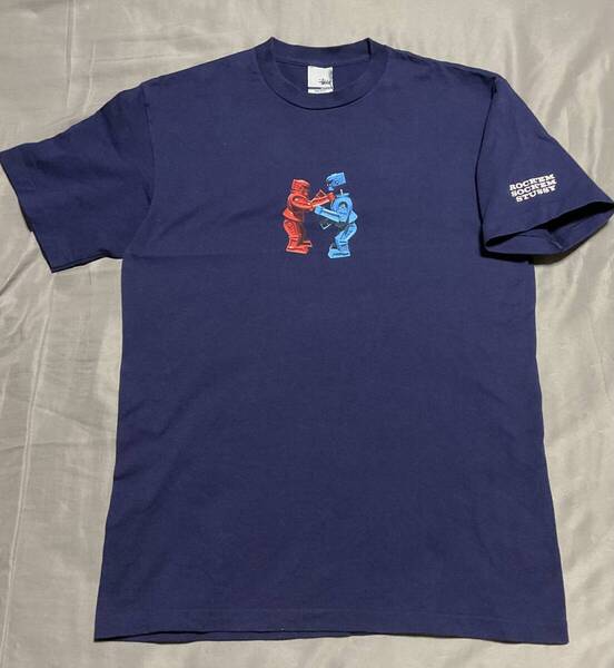 即決送料無料 銀タグ 90'-00' OLD STUSSY オールドステューシー ROCK'EM SOCK'EM Robots グラフィック Tシャツ M USA製 紺 ネイビー
