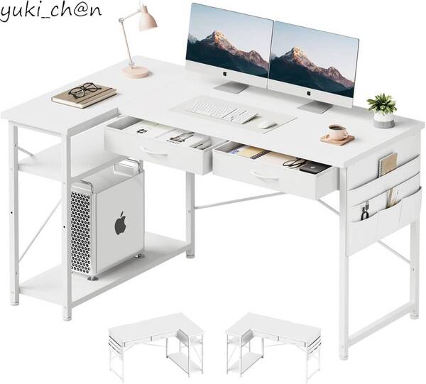 ゲーミングデスク l字デスク机pcデスク ラック付き パソコンデスク 幅118cm×奥行45cmワークデスク 収納ラック 白い