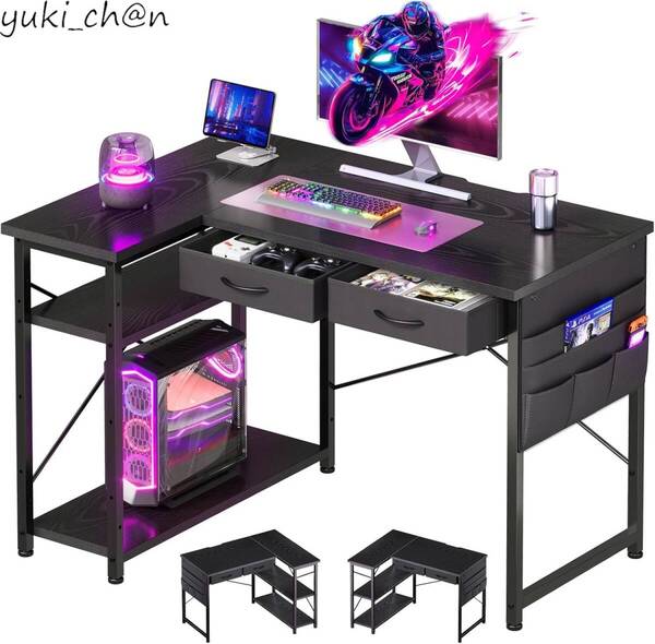 ゲーミングデスク l字デスク机pcデスク パソコンデスク 幅100cm×奥行45cm つくえ オフィスデスク ワークデスク 収納ラック ダークブラウン