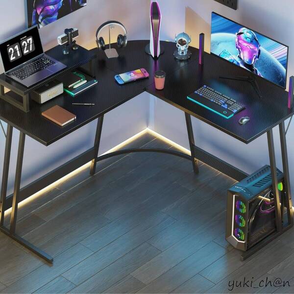 L字デスク ゲーミングデスク pcデスク コーナーデスク ブラック 110cm×110cm カーボン調 モニター台付 組み立て簡単