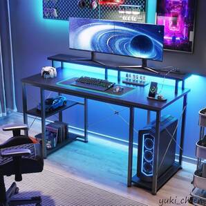 ゲーミングデスク パソコンデスク ゲームデスク ワークデスク オフィスデスク コンセント&LED付 両側ラック&モニター台付き ブラック