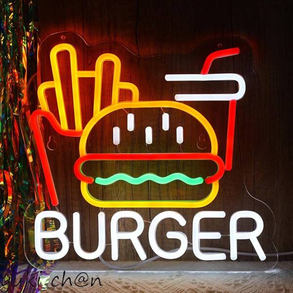 ネオンサイン ハンバーガー 洋食店ネオンライト標識看板 店舗インテリア 居酒屋 飲食店 LED ネオン管ライト USBパワード 32×30cm