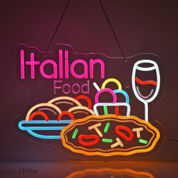 ITALIANFOOD イタリアンレストラン看板 ネオンサイン LED ネオンライト 装飾 多階段調光可 ネオン管ライト USBパワード39×30cm