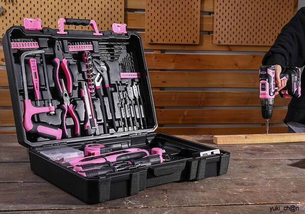 20V電動ドリル付き 186点本組 工具セット DIYセット ピンク ホームツールセット 家庭用 作業工具セット 便利な収納ケース付き
