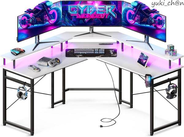 ゲーミングデスク コンセント付き 幅129 パソコンデスク 机 収納 desk 仕事用 l字デスク 在宅勤務 組立簡単 ホワイト