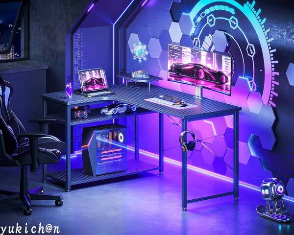 パソコンデスク L字 ゲーミングデスク 幅110 L字デスク desk 机 ラック付き 在宅勤務 組立簡単 書斎 カーボンブラック 左棚