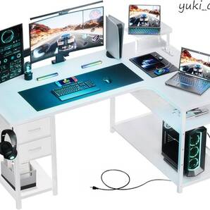 ゲーミングデスク パソコンデスク L字 カーボン調 コンセント付き 右棚 白 幅140cm 勉強机 ゲーミングテーブル