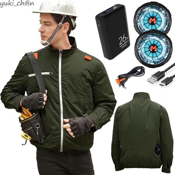 空調作業服 長袖 フルハーネス対応作業服 26V超高出力 ファンバッテリーセット付き 25000mAh 40時間の連続稼働 XL グリーン 節電