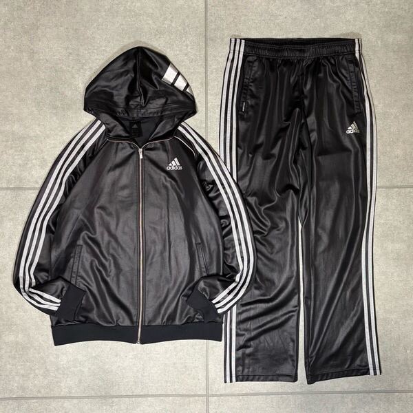 アディダス セットアップ コーティングジャージ フードロゴ パフォーマンス 上下セット adidas レザー調 ブラック シルバー XL