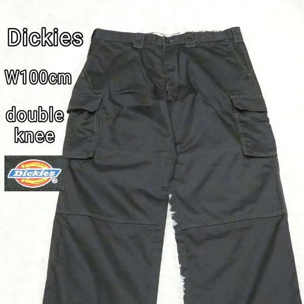 極美品【大きいサイズ】Dickies ダブルニー ワイドカーゴパンツ チノ ワークパンツ 極太 W100cm 裾ドローコード ダークグレー