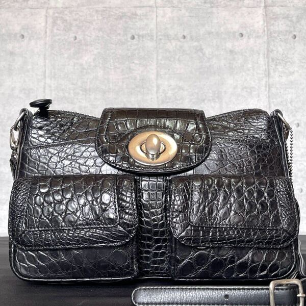 未使用級 BEAUGRAND BLACK ボーグラン ワニ革 クロコダイル JRA認定 レザー ブラック 本革 シルバー金具 肩掛け ショルダーバッグ