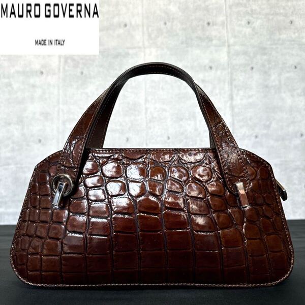 美品 MAURO GOVERNA マウロゴヴェルナ シャイニングクロコダイル レザー ブロンズブラウン シルバー金具 ハンドバッグ トートバッグ