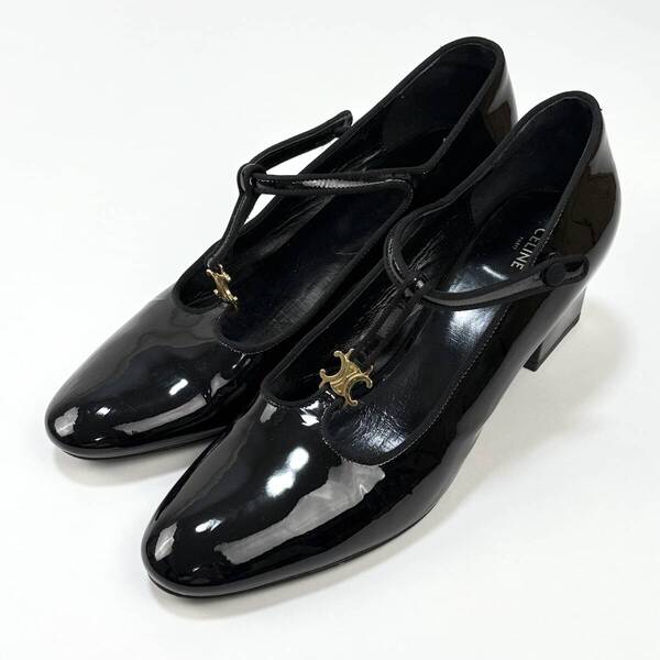 美品 CELINE by Hedi Slimane ベビーズ Tバーパンプス / パテントカーフスキン&グログランファブリック 333893321C.38NO 39.5 SSM5249